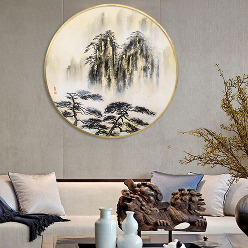 新中式客厅装饰画 书房原创纯手绘画 卧室不锈钢金属圆框挂画 迎客松